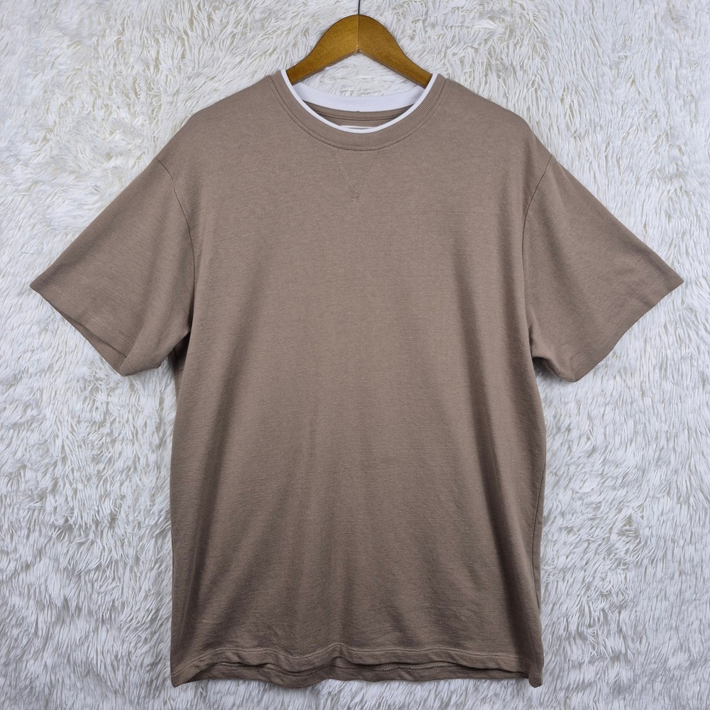 Public Supply NYC Men XL Relaxed Layered Neck T-Shirt Tan Brown Neutral